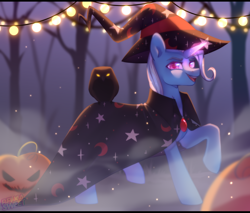 Size: 2346x2000 | Tagged: safe, artist:anku, trixie, bird, owl, pony, unicorn, g4, cape, clothes, halloween, hat, holiday, horn, jack-o-lantern, night, nightmare night, outdoors, pumpkin, solo, string lights, tree, witch hat