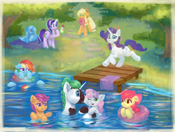 Size: 4000x3000 | Tagged: safe, artist:thejustbee_art, apple bloom, applejack, rainbow dash, rarity, scootaloo, starlight glimmer, sweetie belle, oc, earth pony, pegasus, pony, unicorn, g4, apple bloom's bow, applejack's hat, bow, cowboy hat, cutie mark crusaders, drink, female, filly, foal, grumpy, hair bow, hair bun, hat, horn, inner tube, lake, lying down, magic, male, mare, pier, pool toy, prone, stallion, telekinesis, towel, water