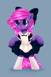 Size: 1500x2250 | Tagged: safe, artist:thejustbee_art, oc, oc only, earth pony, pony, bipedal, bow, clothes, curtsey, hair bow, heart, heart eyes, maid, simple background, socks, solo, wingding eyes