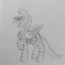 Size: 2970x2970 | Tagged: safe, artist:hkpegasister, oc, pegasus, zebra, zebrasus, bag, happy, male, postman's hat, solo, solo male, standing, traditional art, zebra oc