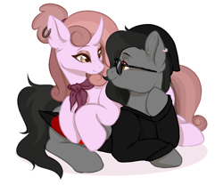 Size: 1200x1000 | Tagged: safe, artist:thejustbee_art, oc, pegasus, pony, unicorn, beanie, clothes, curved horn, duo, ear piercing, earring, female, glasses, hat, horn, jewelry, looking at each other, looking at someone, mare, oc x oc, piercing, shipping, simple background, white background