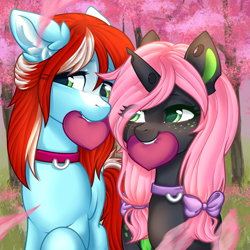 Size: 2000x2000 | Tagged: safe, artist:thejustbee_art, oc, oc only, changeling, earth pony, pony, bow, collar, duo, ear fluff, female, hair bow, heart, mare, mouth hold