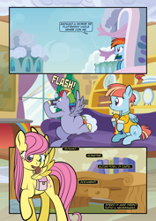 Size: 2482x3509 | Tagged: safe, artist:alexdti, bow hothoof, fluttershy, rainbow dash, windy whistles, pegasus, pony, comic:how we met (italian), g4, bag, camera, cloudsdale, female, filly, filly fluttershy, filly rainbow dash, foal, italian, male, mare, mouth hold, saddle bag, stallion, window, younger