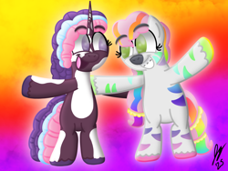 Size: 2160x1620 | Tagged: safe, artist:jesslmc16, idw, skye, violette rainbow, pony, unicorn, zebra, g5, my little pony: skye's secret, bipedal, braces, dreadlocks, duo, duo female, female, filly, foal, gradient background, horn, looking at each other, looking at someone, rainbow background, rainbow stripes, raised hoof, smiling, smiling at each other, standing, vitiligo