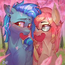 Size: 2000x2000 | Tagged: safe, artist:thejustbee_art, oc, bat pony, pegasus, pony, blushing, duo, ear piercing, ear tufts, earring, fangs, female, floating heart, glasses, heart, jewelry, mare, mouth hold, oc x oc, piercing, shipping