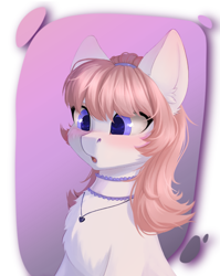 Size: 2169x2720 | Tagged: safe, artist:rokufuro, oc, oc only, pony, abstract background, blushing, bust, chest fluff, choker, ear piercing, earring, female, jewelry, mare, necklace, piercing, solo