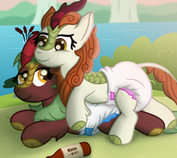 Size: 3400x3043 | Tagged: safe, artist:sweetielover, autumn blaze, cinder glow, summer flare, kirin, g4, alcohol, beer, bottle, bush, countryside, cuddling, diaper, diaper fetish, duo, duo female, female, fetish, high res, kirin beer, lake, lying down, outdoors, snuggling, water