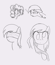 Size: 682x794 | Tagged: safe, artist:truthormare, derpy hooves, pinkie pie, earth pony, pegasus, pony, g4, bandage, before and after, blind, cross-eyed, female, mare, monochrome