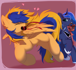 Size: 2686x2466 | Tagged: safe, artist:rokufuro, princess luna, oc, alicorn, pony, g4, alicorn oc, basket, canon x oc, chocolate, female, floating heart, food, heart, holiday, hoof shoes, horn, jewelry, mare, mouth hold, peytral, regalia, shipping, valentine's day, wings