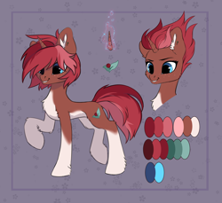 Size: 2476x2272 | Tagged: safe, artist:rokufuro, pony, unicorn, chest fluff, ear fluff, ear piercing, earring, glowing, glowing horn, horn, jewelry, piercing, reference sheet, solo