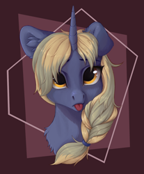 Size: 1314x1586 | Tagged: safe, artist:rokufuro, oc, oc only, pony, unicorn, abstract background, bust, female, horn, mare, portrait, solo, tongue out