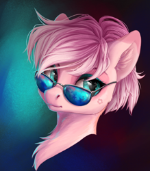 Size: 1686x1922 | Tagged: safe, artist:rokufuro, oc, oc only, pony, bust, chest fluff, gradient background, portrait, solo, sunglasses