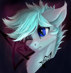 Size: 1886x1922 | Tagged: safe, artist:rokufuro, oc, oc only, pony, chest fluff, ear fluff, ear tufts, fangs, one eye closed, slit pupils, solo, torn ear