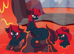 Size: 3086x2245 | Tagged: safe, artist:badumsquish, derpibooru exclusive, oc, oc only, demon, demon pony, merpony, monster pony, original species, bathing, dragon lands, female, grin, horns, lava, lava bathing, lava pool, looking at you, lying down, magmaid, mare, prone, red and black oc, red mane, sharp teeth, show accurate, sitting, smiling, smirk, smoke, teeth, trio