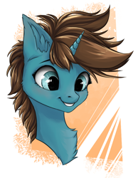 Size: 1616x2083 | Tagged: safe, artist:rokufuro, oc, oc only, pony, unicorn, abstract background, bust, ear fluff, horn, portrait, smiling, solo