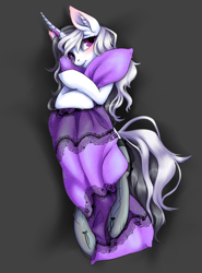 Size: 2178x2940 | Tagged: safe, artist:rokufuro, oc, oc only, pony, unicorn, blushing, clothes, curved horn, ear fluff, female, horn, mare, socks