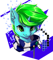 Size: 1600x1800 | Tagged: safe, artist:rokufuro, oc, oc only, pony, unicorn, abstract background, clothes, ear fluff, horn, smiling, solo