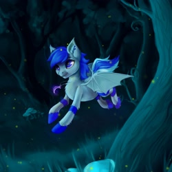 Size: 3000x3000 | Tagged: safe, artist:rokufuro, oc, oc only, oc:moonslurps(old version), bat pony, pony, bat pony oc, commission, flying, forest, jewelry, nature, necklace, running, solo, tree, ych result