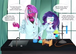 Size: 3500x2500 | Tagged: safe, artist:ariida-chi, rarity, oc, oc:burning passion, equestria girls, g4, canon x oc, clothes, dialogue, duo, facepalm, female, goggles, high res, lab coat, laboratory, male, pickup lines, shipping, speech bubble, straight