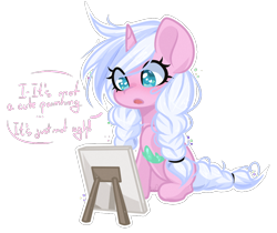 Size: 960x805 | Tagged: safe, artist:alexa1alexa, oc, oc only, oc:bashful aesthetic, pony, unicorn, braid, easel, embarrassed, female, heart, heart eyes, horn, mare, outline, painting, simple background, sitting, solo, speech bubble, transparent background, twin braids, unicorn oc, wingding eyes