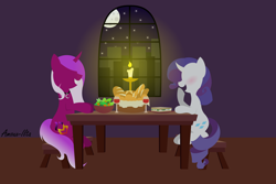 Size: 4000x2667 | Tagged: safe, artist:amoux-ilta, rarity, oc, oc:burning passion, pony, unicorn, g4, alcohol, bench, bread, candle, canon x oc, date, date night, duo, food, grin, high res, horn, indoors, laughing, lineless, night, restaurant, salad, sandwich, shipping, silhouette, sitting, smiling, table, wine