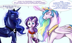 Size: 3419x2066 | Tagged: safe, artist:jrain9110, artist:kaeaskavi, princess celestia, princess luna, rarity, alicorn, pony, unicorn, comic:equestria's infestation plague, g4, colored, comic, cutie mark accessory, cutie mark pendant, dialogue, ear piercing, earring, epilogue, eyes closed, glowing, glowing horn, good end, grin, high res, horn, jewelry, magic, medal, piercing, rarirachnid, smiling, speech bubble, spider web, spiderponyrarity, telekinesis, trio