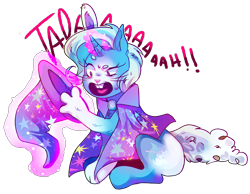 Size: 4129x3209 | Tagged: safe, artist:octogreed, trixie, pony, rabbit, unicorn, g4, animal, cape, clothes, glowing, glowing horn, hat, high res, horn, levitation, magic, mid-transformation, simple background, sitting, solo, telekinesis, transformation, transparent background, trixie's cape, trixie's hat