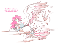 Size: 1344x996 | Tagged: safe, artist:strawberrytfs, pinkie pie, bird, chicken, human, equestria girls, g4, bra, breasts, clothes, dialogue, egg, female, lying down, mid-transformation, on side, one wing out, oviposition, solo, transformation, underwear, wings