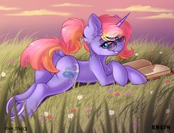 Size: 2600x2000 | Tagged: safe, alternate character, alternate version, artist:erein, artist:yuris, oc, oc only, pony, unicorn, book, butt, chest fluff, cloud, collaboration, commission, dock, female, field, flower, frog (hoof), grass, horn, looking at you, looking back, looking back at you, lying down, multi ych "on the beach/field", outdoors, plot, prone, sky, smiling, smiling at you, solo, strategically covered, tail, tail censor, underhoof, ych result