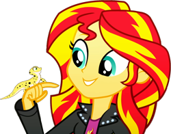 Size: 1378x1083 | Tagged: safe, edit, edited screencap, editor:pascalmulokozi2, screencap, ray, sunset shimmer, gecko, human, equestria girls, g4, my little pony equestria girls: summertime shorts, pet project, background removed, cute, daaaaaaaaaaaw, daydream, duo, female, hand on face, not a vector, simple background, smiling, solo, solo female, transparent background