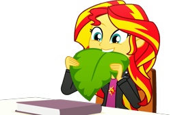 Size: 1659x1118 | Tagged: safe, edit, edited screencap, editor:pascalmulokozi2, screencap, sunset shimmer, human, epic fails, equestria girls, g4, my little pony equestria girls: summertime shorts, background removed, book, eating, female, funny, leaf, not a vector, simple background, smiling, solo, solo female, table, transparent background