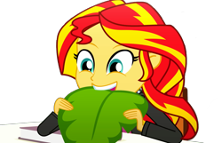 Size: 1793x1152 | Tagged: safe, edit, edited screencap, editor:pascalmulokozi2, screencap, sunset shimmer, human, epic fails, equestria girls, g4, my little pony equestria girls: summertime shorts, background removed, book, eating, female, funny, leaf, not a vector, simple background, smiling, solo, solo female, table, transparent background