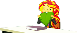 Size: 1352x591 | Tagged: safe, edit, edited screencap, editor:pascalmulokozi2, screencap, sunset shimmer, human, epic fails, equestria girls, g4, my little pony equestria girls: summertime shorts, background removed, book, eating, female, funny, leaf, not a vector, simple background, smiling, solo, solo female, table, transparent background