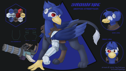 Size: 1920x1080 | Tagged: safe, artist:thedigodragon, oc, oc only, oc:snowfire, cyborg, griffon, cyberpunk, griffon oc, reference sheet, solo