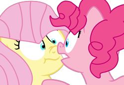 Size: 3780x2585 | Tagged: safe, artist:jadeharmony, fluttershy, pinkie pie, earth pony, pegasus, pony, g4, base used, cute, diapinkes, duo, female, gritted teeth, lesbian, looking at each other, looking at someone, mare, nose to nose, ship:flutterpie, shipping, shrunken pupils, shyabetes, teeth