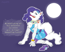 Size: 2100x1688 | Tagged: safe, artist:jpadopts, rarity, werewolf, equestria girls, g4, dialogue, fangs, female, feral, full moon, mid-transformation, moon, raridog, scratching, simple background, solo, speech change, transformation