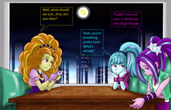 Size: 5102x3295 | Tagged: safe, artist:oztoatl, adagio dazzle, aria blaze, sonata dusk, human, comic:the dazzling moonlight, equestria girls, g4, absurd resolution, comic, concerned, dialogue, female, full moon, indoors, moon, night, panting, speech bubble, sweat, the dazzlings, trio