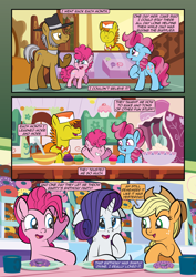 Size: 2482x3509 | Tagged: safe, artist:alexdti, applejack, carrot cake, cup cake, igneous rock pie, pinkie pie, rarity, earth pony, pony, unicorn, comic:how we met, g4, applejack's hat, comic, cowboy hat, cupcake, dialogue, donut, eyes closed, father and child, father and daughter, female, filly, filly pinkie pie, floppy ears, foal, food, freckles, hat, horn, indoors, male, mare, raised hoof, smiling, speech bubble, stallion, starry eyes, talking, underhoof, wingding eyes, younger