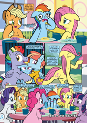 Size: 2482x3509 | Tagged: safe, artist:alexdti, applejack, bow hothoof, fluttershy, pinkie pie, rainbow dash, rarity, twilight sparkle, windy whistles, alicorn, earth pony, pegasus, pony, unicorn, comic:how we met, g4, applejack's hat, comic, cowboy hat, crying, dialogue, donut, eyes closed, faic, father and child, father and daughter, female, filly, filly fluttershy, filly rainbow dash, floppy ears, foal, folded wings, food, hat, horn, male, mane six, mare, mother and child, mother and daughter, open mouth, speech bubble, stallion, talking, twilight sparkle (alicorn), wings, younger