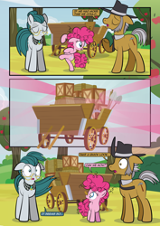 Size: 2482x3509 | Tagged: safe, artist:alexdti, cloudy quartz, igneous rock pie, pinkie pie, earth pony, pony, comic:how we met, g4, apple, apple tree, cart, comic, dialogue, eyes closed, father and child, father and daughter, female, filly, filly pinkie pie, floppy ears, foal, hat, male, mare, mother and child, mother and daughter, open mouth, outdoors, pinkie being pinkie, raised hoof, speech bubble, stallion, talking, tree, underhoof, younger