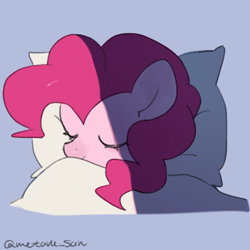 Size: 4096x4096 | Tagged: safe, artist:metaruscarlet, pinkie pie, earth pony, pony, g4, blanket, blue background, eyes closed, pillow, simple background, sleeping, solo