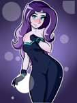 Size: 1500x2000 | Tagged: safe, artist:nolyanimeid, rarity, human, equestria girls, g4, my little pony equestria girls: better together, the other side, abstract background, bare shoulders, blushing, breasts, busty rarity, cleavage, clothes, female, gloves, looking at you, outline, shoulder blush, smiling, smiling at you, solo, unitard, white outline, wide hips