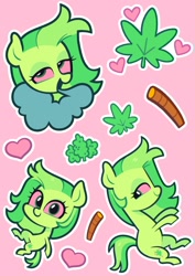 Size: 1448x2048 | Tagged: safe, artist:pilesofmiless, oc, oc only, oc:stoney poney, pony, g4, drugs, green coat, green mane, heart, lidded eyes, looking at you, looking sideways, marijuana, red eyes, simple background, smiling, smiling at you, sticker, sticker set