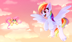 Size: 2888x1676 | Tagged: safe, artist:pozya1007, fluttershy, rainbow dash, pegasus, pony, g4, cloud, cute, duo, duo female, evening, female, flying, folded wings, mare, on a cloud, open mouth, open smile, outdoors, sky, smiling, spread wings, unshorn fetlocks, wings