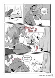 Size: 2026x2865 | Tagged: safe, artist:traupa, pinkie pie, princess luna, bird, goose, anthro, unguligrade anthro, comic:luna vs pet goose, g4, comic, open mouth, speech bubble