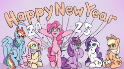 Size: 1920x1080 | Tagged: safe, artist:rend36, applejack, fluttershy, pinkie pie, rainbow dash, rarity, twilight sparkle, earth pony, pegasus, pony, unicorn, g4, antlers, bipedal, chocolate, clothes, fake antlers, female, floppy ears, food, happy new year, happy new year 2025, holiday, hoof hold, horn, hot chocolate, mane six, mare, marshmallow, mistletoe, mug, reindeer antlers, scarf, unicorn twilight