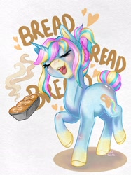 Size: 2263x3028 | Tagged: safe, artist:pastelpalette, oc, oc only, unicorn, baking, blushing, bread, cute, female, food, happy, horn, mare, open mouth, pastel, ponysona, simple background, smiling, solo, white background