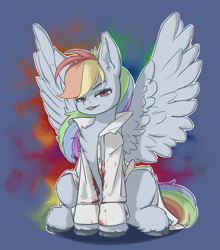 Size: 2965x3373 | Tagged: safe, artist:rend36, rainbow dash, pegasus, pony, fanfic:rainbow factory, g4, blood, chest fluff, clothes, ear fluff, fanfic art, high res, lab coat, looking at you, open mouth, spread wings, wings