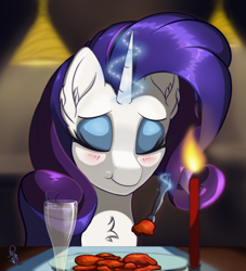 Size: 1450x1600 | Tagged: safe, artist:raritymylove, rarity, unicorn, g4, alcohol, blushing, candle, champagne, chest fluff, chewing, ear fluff, eating, eyes closed, food, horn, magic, offscreen character, pov, solo, wine