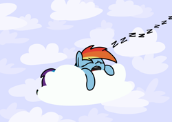 Size: 2048x1448 | Tagged: safe, artist:ewoudcponies, rainbow dash, pegasus, pony, g4, cloud, eyes closed, female, lying down, lying on a cloud, mare, on a cloud, onomatopoeia, outdoors, sleeping, solo, sound effects, zzz